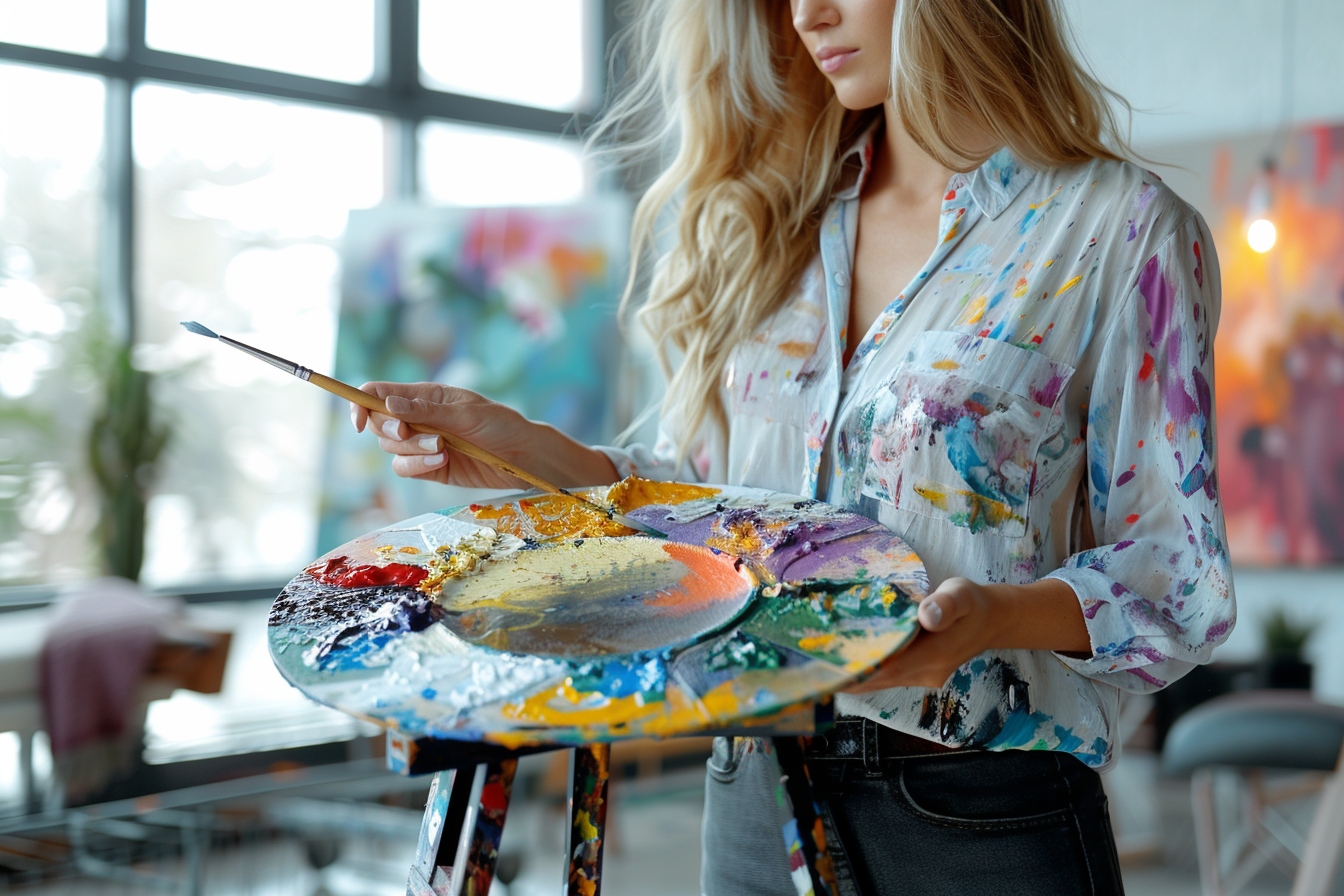Vue aérienne d'un salon spacieux dans une maison ouverte, montrant une palette de couleurs harmonieuses de peinture pour créer un espace cohérent