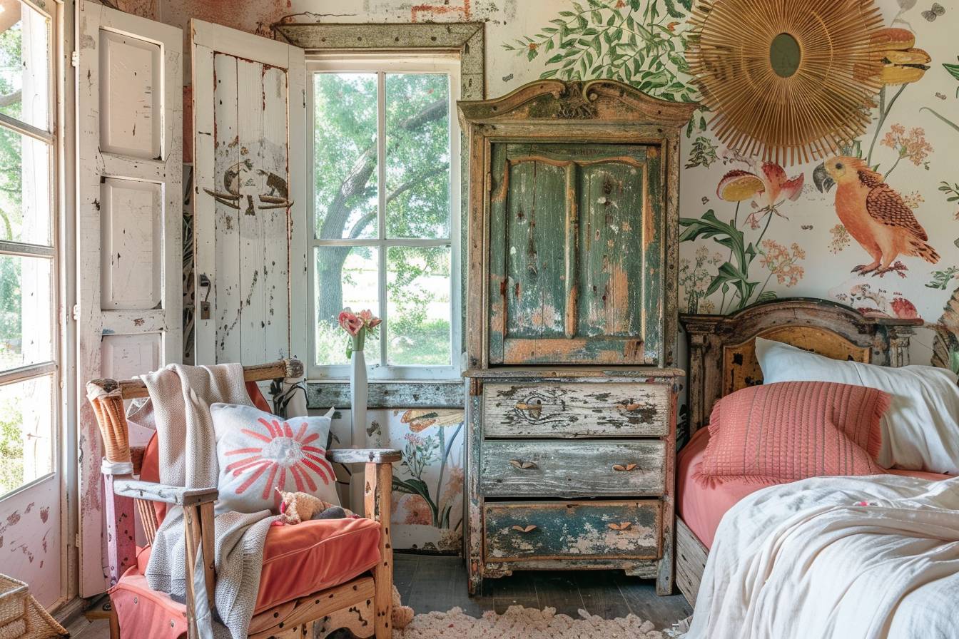 Chambre d'enfant joliment décorée avec des matériaux recyclés soulignant la réinvention écologique